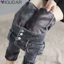 Kvinnors jeans vinter tjocka fleece högwaist varma mager jean kvinnor stretch knapp blyerts byxor mamma casual sammet kvinnor 231219