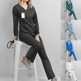Calças femininas de duas peças esfrega uniformes mulheres manga longa v-pescoço bolso cuidados trabalhadores t-shirt tops outono uniformes enfermera mujer
