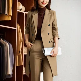 Kvinnors tvådelade byxor Khaki Kvinnor Formell byxuppsättningar 2023 i avslappnad dubbelbröst Long Blazer -byxa Suits Office Ladies Jacket 2 Set 231206