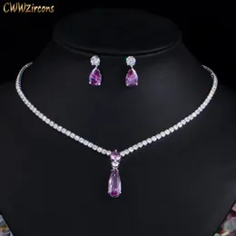 Hochzeit Schmuck Sets CWWZircons Top Rot Lila Zirkonia Wasser Tropfen Mode Frauen Verlobung Party Set für Brautjungfer Geschenk T525 231207