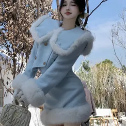 2 피스 드레스 고품질 겨울 한국 패션 소형 향기 양모 세트 여성 달콤한 봉제 재킷 코트 스커트 2 정장 231206