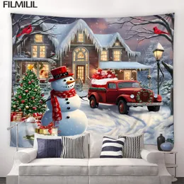 Tapeçarias Inverno Natal Tapeçaria Boneco de neve Xmas Tree Farmhouse Red Truck Forest Snowy Scene Ano Pendurado na parede Home Living Room Decor 231207