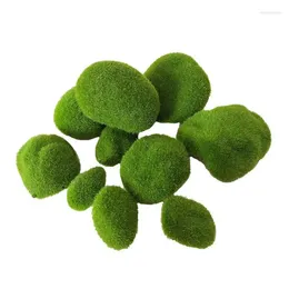 Flores decorativas 12pçs pedra de musgo artificial, seixo verde para casa, jardim, decoração de paisagem, bolas de pedras, casamento, artesanato diy