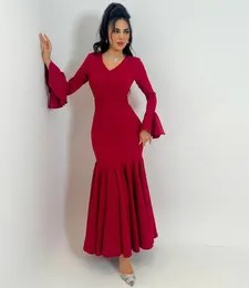 Винтажные красные креповые вечерние платья с v-образным вырезом и длинными рукавами, платье русалки с рюшами для выпускного вечера, мусульманские вечерние платья до щиколотки для женщин