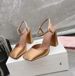 Elegant Amina Muaddi Sandals Women Satin Dress Shoes 9.5CM Thick Heel Luxury Designer Slingbacks Buckle Square Toe Wrap Toe Party Sandal