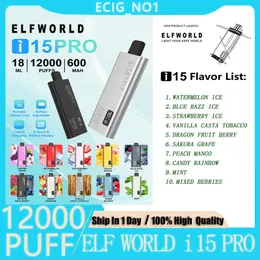 Orijinal Elf World I15 Pro 12000 Puflar Elektronik Sigara Vape Kalem Teknik Teslim Edilebilir Elfworld 18ml 600mAh Şarj Edilebilir Pil Tipi C Mesh Bobini