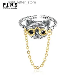 Solitaire Ring F.I.N.S S925 STERLING Gümüş Yeşil Gözler Kedi Gözlük Çıkarılabilir Zincir Açık Halkalar Retro Eski Punk Kaya Parmak Tay Gümüş Takı YQ231207