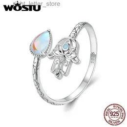 Solitaire Ring WOSTU Open Ring 925 Sterling Silver Hamsa Hand Lucky Ring with Floral Patterns and Moonstone for Women Happiness Protection Gift YQ231207