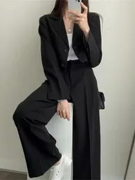 Calças femininas de duas peças coreanas elegantes e atmosféricas mulheres pantsuit outono moda elegante tops feminino perna larga calças soltas casacos curtos 231206