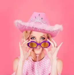 할로윈 여자 핑크 모자 카우걸 모피 트림 푹신한 카우보이 캡 프레피 반짝이는 파티를위한 모자 카니발 의상 액세서리 모자 크라운 서부 카우보이 모자
