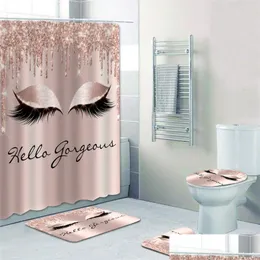 Duschvorhänge Girly Rose Gold Wimpern Make-up Vorhang Bad Set Spark Drip Badezimmer Wimpern Schönheitssalon Home Decor Drop Lieferung Gar Dha9I