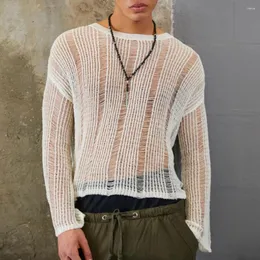 Suéter masculino masculino oco transparente sexy camisola de malha outono gênero nightclub elástico solto versátil de mangas compridas unisex