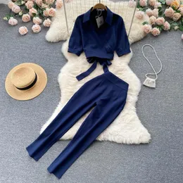 Pantalones de dos piezas para mujer, traje Ins, diseño femenino, estilo único, camisa de manga corta con cordones, conjunto informal superior