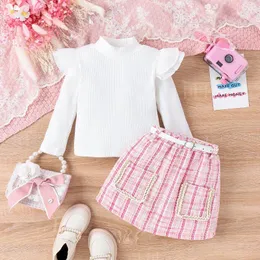 Conjuntos de roupas da criança do bebê meninas 2pcs saia roupas conjunto moda manga longa gola alta camisola xadrez cinto crianças outono inverno outfit