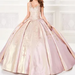 Brilhante ouro rosa brilhante com decote em v vestidos quinceanera vestidos de 15 anos rendas florais miçangas formal princesa festa de aniversário baile