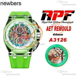 Men Audemar Pigue Watch APF Factory 44mm AET Remould A3126 Chronograph Mens Mens Mater Case Case Case Collulful Dial Green Rubber Super Version Reloj H