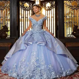 Glitter Sky Blue Off the Shoulder Ball Gown Quinceanera Dresses Sweet 16 Princess Lace Pärlor V-ringning Prom GOWS Vestido de 15 Anos