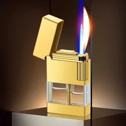 Serbatoio del carburante trasparente Accendino con mola in metallo Doppia fiamma Mini butano senza gas Sigaretta antivento regalo insolito