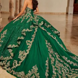 Sparkly Princess Verde lucido con spalle scoperte Abiti stile Quinceanera Sweetheart Applique in pizzo Dolce 16 Abito di sfera Abiti da 15 anos