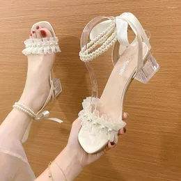 Dress Shoes Retro Woman Buckle Strap Clear Heels Female Sandal Espadrilles Platform Med Original Comfort Girls Pearl Spring Block High