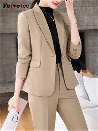 Dwuczęściowe spodnie dla kobiet Fotvotee Slim Office Ladies Ustawia wypoczynek 2023 Odkręć kołnierz pojedynczy przycisk Blazer Solid Casual Pant Suits 231206