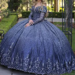 Abiti da principessa Quinceanera scintillanti blu navy lucidi Abito da ballo Applicazioni glitterate Perline di cristalli Abito dolce del quindicesimo abito da ballo con lacci