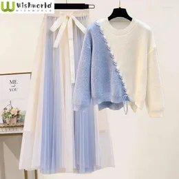 Sukienki robocze Koreańskie wiosna słodkie kontrastowe kolory szwy dzianin sweter pullover bowcy tiulowa spódnica dwuczęściowa elegancka damska sukienka imprezowa