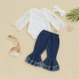 Clothing Sets Born Baby Girl Summer Clothes Outfits Long Sleeve Crew Neck Lace Ruffle Rompe Flare Denim Jean Pants Fashion Set