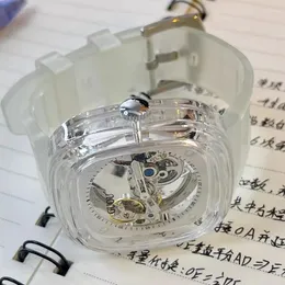 Armbandsur helt automatiskt ihåligt mekanisk transparent kvinnors klocka med strass stor urtavla och avancerad silikon reloj para