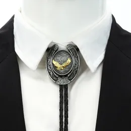 Corbatas para el cuello Gemelos Piedra natural Oro Forma de U Águila Bolo Corbata para hombre Vaquero indio Vaquera occidental Cuerda de cuero Corbata de aleación de zinc 231206