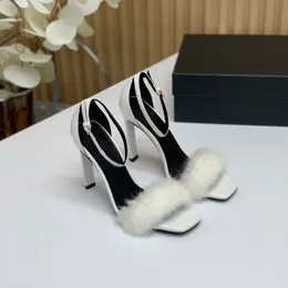 Novo 10cm salto alto pele de carneiro vison sandálias de cabelo para mulheres sapatos de grife de luxo moda fábrica atacadores shoebox