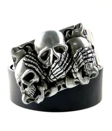 أحزمة غير رسمية أسود بو الجلود men039s الورك الخصر مع سماع See No Evil Skulls Metal Buckle Western Western Cowboy AssociorsB5345497