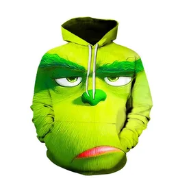 New Designer Christmas green fur monster 3D digital printed hooded men's hoodie Geqilin green head Europe and the United States