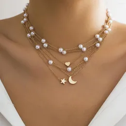 Pendant Necklaces Lacteo Bohemian Star Heart Moon Charm Necklace For Women Imitation Pearl Multilayer Choker Jewelry Collar Girls Party