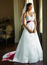 Abiti da sposa vintage a trapezio rosso scuro e bianco con velo senza maniche scollo a V abiti da sposa lunghi in raso applicazioni in pizzo vita impero abito da sposa taglie forti