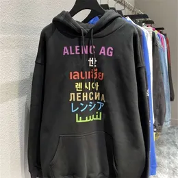 Hög version B Seven Language Fleece Hoodie Fashion Brand Ins Paris Heavy Industry Old Loose Par tröja