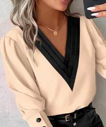 Women's Blouses Fashion Women Gentle And Elegant Casual Long Sleeve 2023 V-Neck Contrast Paneled Decoration Button Ruched Gigot