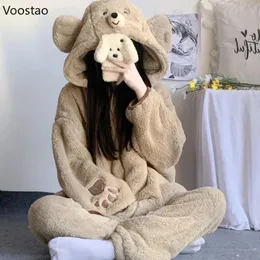 Kvinnors sömnkläder Autumn Winter Cute Bear Ears Coral Fleece Hooded Pyjama Set Women Sweet Kawaii Warm Homewear Girls Lounge Sleepwear 2PC Set 231206