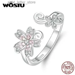 Solitaire Ring Wostu Real 925 Sterling Silver Sakura Flower Ring for Women Pink Zircon Open Size Rings Bröllopsengagemang Ewelry CTR086 YQ231207