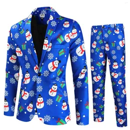 Fatos masculinos natal boneco de neve gráfico terno define magro navidad 2 peças casual festa blazers ano férias conjuntos de pantalones