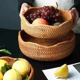 Cestini portaoggetti Cesto intrecciato a mano Vassoio in rattan Pane in vimini Frutta Colazione Tè Picnic Cucina 231206