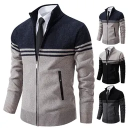 Heren Truien Winter Trui Dikke Fleece Warm Casual Stand Kraag Rits Vest Mode Gestreepte Jas 231206