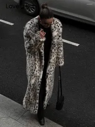 Kvinnors päls vinter långa lösa tjocka varma mjuka fluffiga leopard faux kappa kvinnor ärmade lapel topp premium festival överrockar