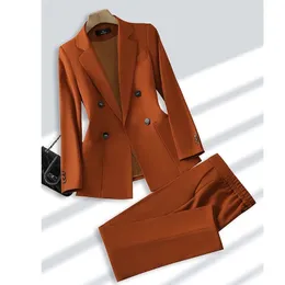 Женский костюм из двух предметов, элегантный рабочий костюм 2024, модный двубортный пиджак с длинными рукавами, куртка, пальто, брюки, комплект, одинаковый наряд 231206