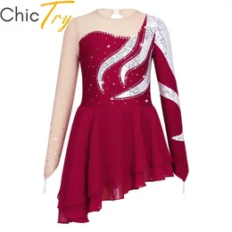 Stage Wear Figure Ice Skating Dress For Kids Girls Long Sleeve Gymnastics Workout Ballroom Ballet Dance Leotard Show Performance