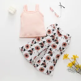 Clothing Sets Baby Girl Pants Set Solid Color Camisole Vest Sunflower Flower Printed Wide Leg Bootcut Trousers
