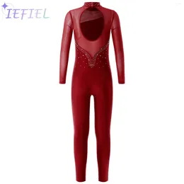 Palco desgaste crianças strass decorado oco volta patinação macacão meninas ginástica bodysuit dança desempenho terno mostrar traje