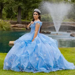 Robe de bal bleu ciel, col en v, robes de Quinceanera pour filles, robes de fête d'anniversaire avec perles appliquées, robe de remise de diplôme à lacets dans le dos