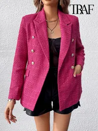 Abiti da donna Blazer TRAF Moda donna Doppio petto Blazer in tweed Cappotto Vintage Manica lunga Tasche con patta Capispalla femminile Chic Top 231207