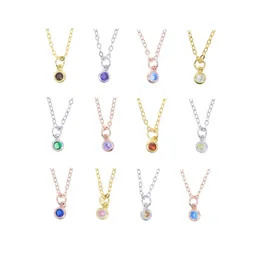 Lovely Cute 925 Sterling Silver Mini 12 Color Birthstone Pendant Necklace with Link Chain Month Color Stone Zirconia for Women Men Birthday Gift Jewelry